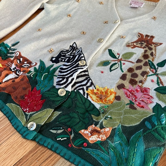 Vintage Jungle Animal Cardigan Embroidered Sequin Beaded - Picture 4 of 8